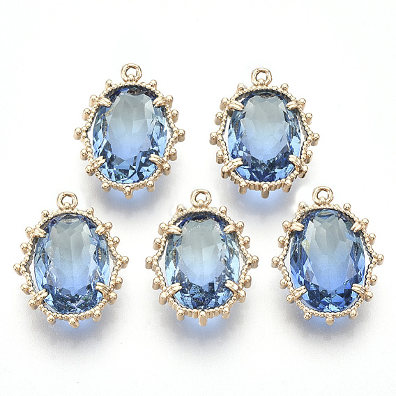 Transparent Faceted Glass Pendants, with Golden Tone Brass Open Back Settings, Oval