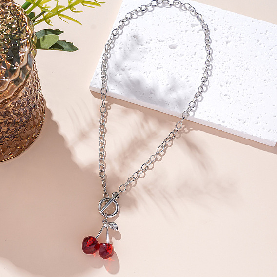 Ожерелья с подвесками из вишневого цинкового сплава и пластика ccb, 304 из нержавеющей стали кабель цепи ожерелья, цвет нержавеющей стали