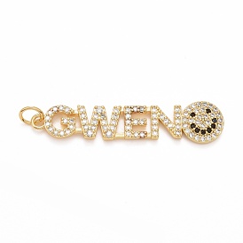 Placage de crémaillère en laiton micro pavé pendentifs en zircone cubique claire, sans cadmium et sans nickel et sans plomb, plaqué longue durée, avec anneau de saut, avec le mot gwen et le visage souriant