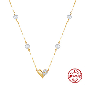 925 Stainless Steel Heart Pendant Necklaces with Cubic Zirconi and Natural Pearl