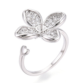 Оправы для колец-манжет из цветочной латуни с микропаве из прозрачного кубического циркония, за половину пробурено бисера