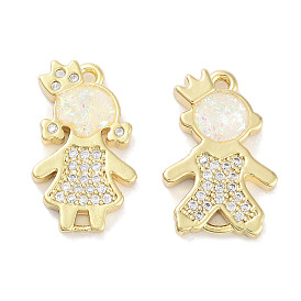 Brass Micro Pave Clear Cubic Zirconia Pendants, with Synthetic Opal and Jump Rings, Real 18K Gold Plated, Human Charms