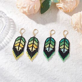 Серьги-подвески из стеклянных бусин ручной работы, с латунным, лист, золотые