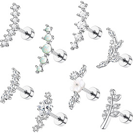 8шт. 8 стили латунные серьги с микропаве из прозрачного кубического циркония и акрилового хряща, с 316 хирургическим штифтом из нержавеющей стали и 304 ушными гайками из нержавеющей стали, цветок и листья