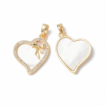 Shell Pendants, with Brass & Glass Findings, Asymmetrical Heart with Bowknot Charm