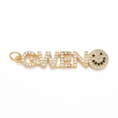 Placage de crémaillère en laiton micro pavé pendentifs en zircone cubique claire, sans cadmium et sans nickel et sans plomb, plaqué longue durée, avec anneau de saut, avec le mot gwen et le visage souriant