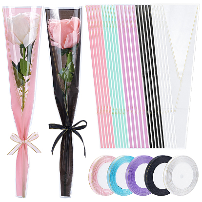 250 шт. 5 цветные пластиковые пакеты для букетов цветов, пакеты для упаковки одного цветка, с 5 рулонами полиэфирной ленты