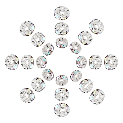 150Pcs 3 Style Brass Rhinestone Spacer Beads, Grade A, Straight Flange, Silver Color Plated, Rondelle