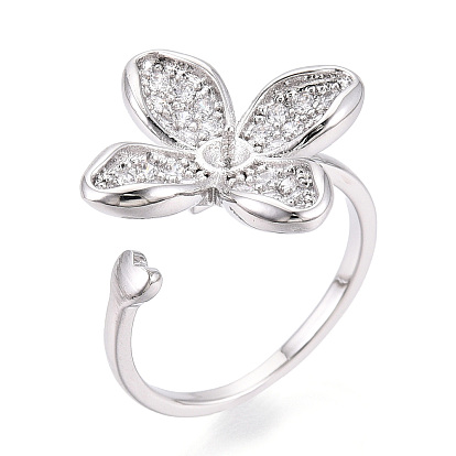 Оправы для колец-манжет из цветочной латуни с микропаве из прозрачного кубического циркония, за половину пробурено бисера