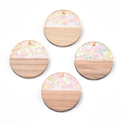 Transparent Resin & White Wood Pendants, Flat Round Charms with Paillettes