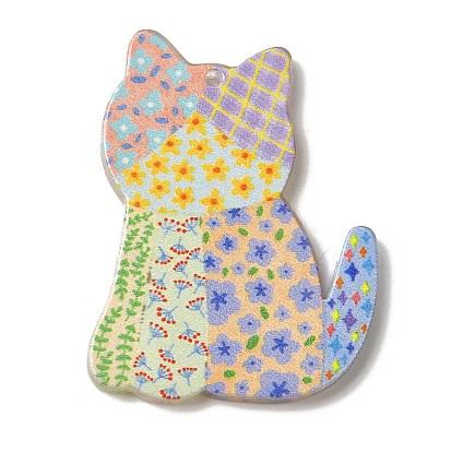 Printed Acrylic Pendants, Cat Shape Flower Charm
