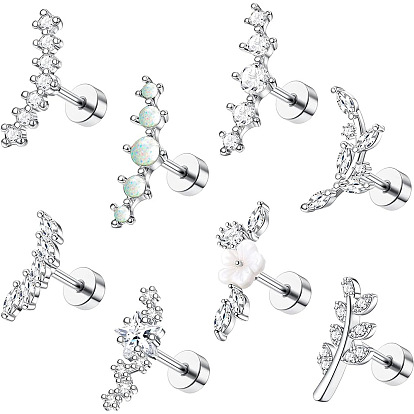 8шт. 8 стили латунные серьги с микропаве из прозрачного кубического циркония и акрилового хряща, с 316 хирургическим штифтом из нержавеющей стали и 304 ушными гайками из нержавеющей стали, цветок и листья