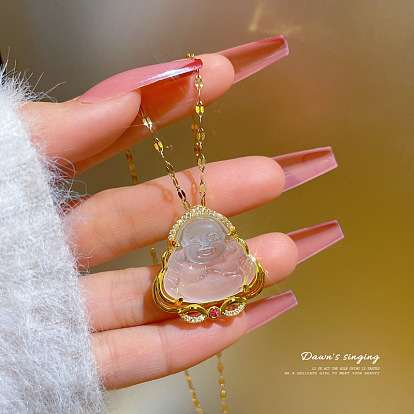 Collier pendentif Bouddha porte-bonheur avec pierre de zircon – Collier de clavicule Bouddha Maitreya.