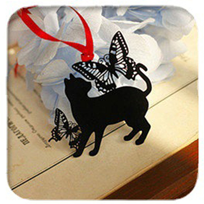 Metal Cat Bookmarks with Red Knotting Ribbon, Stainless Steel Hollow Bookmark Gift for Book Lovers, Teachers, Reader, Electrophoresis Black, Butterfly/Moon