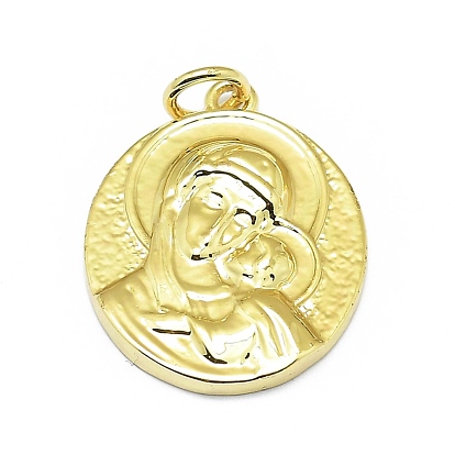 Brass Pendants, Long-Lasting Plated, with Jump Rings, Flat Round with Virgin Mary