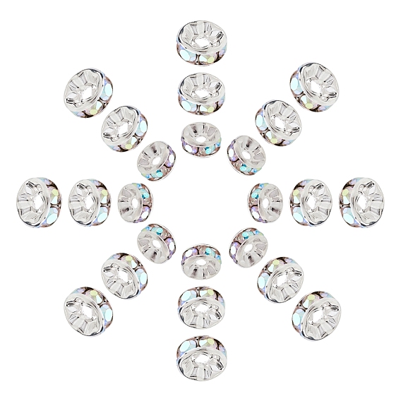 150Pcs 3 Style Brass Rhinestone Spacer Beads, Grade A, Straight Flange, Silver Color Plated, Rondelle