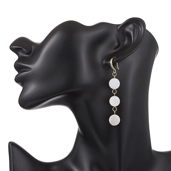 Плоские круглые серьги-подвески из натуральных пресноводных ракушек, с  латунными крючками для серег