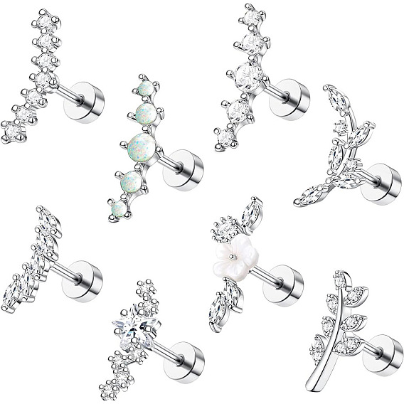 8шт. 8 стили латунные серьги с микропаве из прозрачного кубического циркония и акрилового хряща, с 316 хирургическим штифтом из нержавеющей стали и 304 ушными гайками из нержавеющей стали, цветок и листья