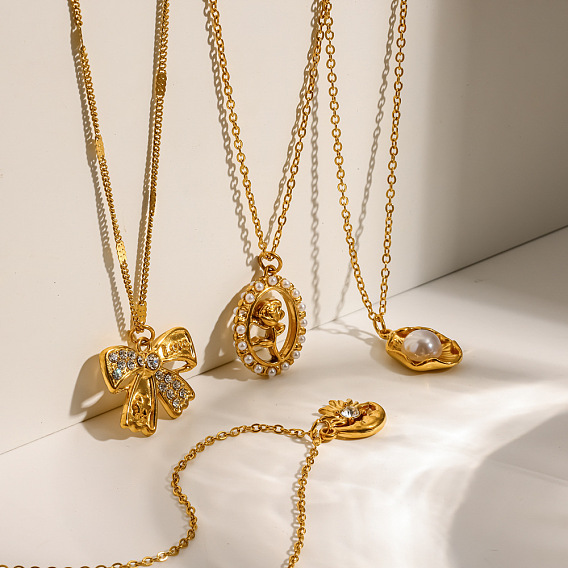 304 Stainless Steel Crystal Rhinestone/Plastic Pearl Pendant Necklaces, Golden