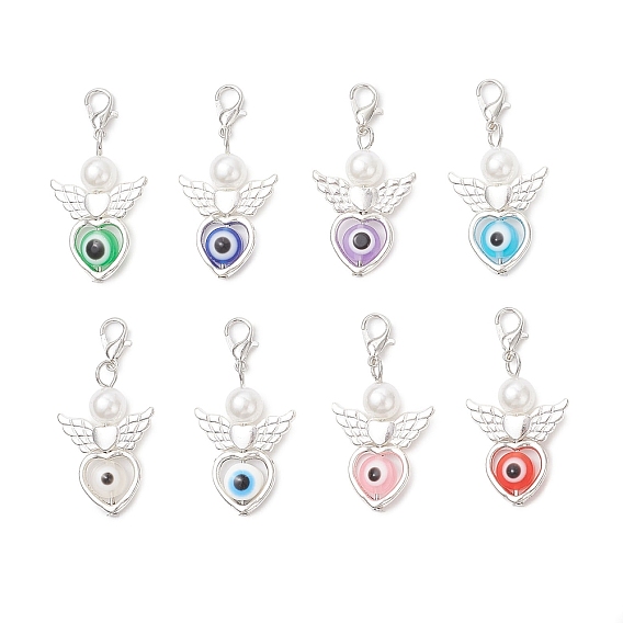 Подвесные украшения из сплава и смолы в виде ангела и сглаза, с поворотными застежками и круглыми бусинами из АБС-пластика, имитирующими жемчуг