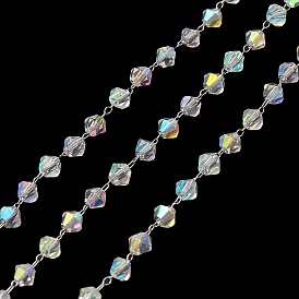 Chaînes de perles toupies en verre, avec 304 chaînes de câble en acier inoxydable, soudé, avec bobine