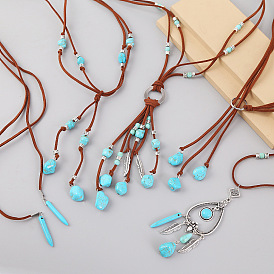 Bohemian Turquoise Pendant Vintage Leather Necklace Ethnic Jewelry