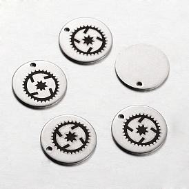 Spray Painted 201 Stainless Steel Steampunk Charms, Flat Round with Pattern, 14x1mm, Hole: 1mm