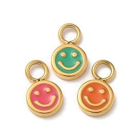 Ion Plating(IP) 304 Stainless Steel Enamel Charms, Real 14K Gold Plated, Flat Round with Smiling Face Charm