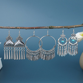 Bohemian Vintage Silver Turquoise Tassel Earrings for Women with Original Design