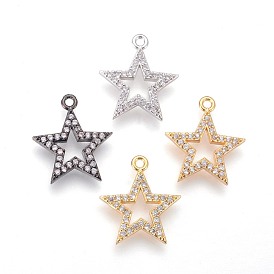 Brass Micro Pave Cubic Zirconia Pendants, Long-Lasting Plated, Star, Clear