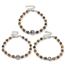 Star/Anchor/Cross 304 Stainless Steel & Natural Tiger Eye Round Beaded Bracelets for Women