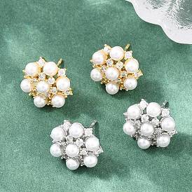 Brass Micro Pave Cubic Zirconia Stud Earrings, Flower, with ABS Plastic Imitation Pearl, Lead Free & Cadmium Free, Long-Lasting Plated, Rack Plating