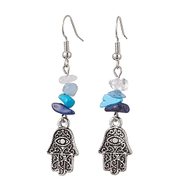 Natural & Synthetic Gemstone Hamsa Hand Dangle Earrings, with Alloy Beads and Brass Earring Hooks