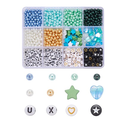 820Pcs Flat Round & Star & Heart Glass/Acrylic Beads, Elastic Crystal Thread, for DIY Blue & Green Theme Jewelry Making Kits