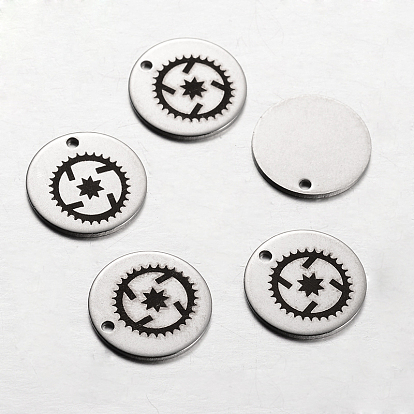 Spray Painted 201 Stainless Steel Steampunk Charms, Flat Round with Pattern, 14x1mm, Hole: 1mm