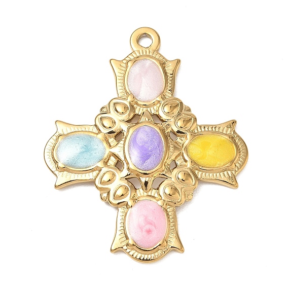 304 Stainless Steel Enamel Pendants, Cross Charms, Ion Plating(IP)