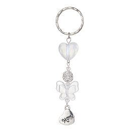 Porte-clés pendentif cœur en alliage avec mot maman, avec papillon en acrylique et porte-clés fendus en fer