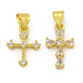 Rack Plating Brass Micro Pave Cubic Zirconia Charms, Long-Lasting Plated, Lead Free & Cadmium Free, Cross