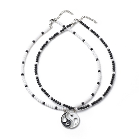 2Pcs 2 Colors Alloy Enamel Gossip/Yin Yang Matching Pendant Necklaces Set, Acrylic Beaded Couple Necklaces for Women