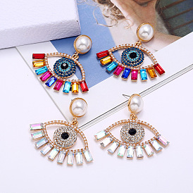 Exaggerated Devil Eye Pearl Earrings - Alloy Inlaid Colorful Diamond Ear Pendants