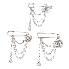 3 шт. сплав подвески килт булавки брошь, с железными булавками и кабельными цепями, сердце/дерево жизни/бабочка