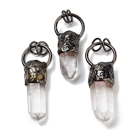 Natural Quartz Crystal Faceted Pointed Bullet Big Pendants, Rock Crystal Brass Ring Charms with Jump Rings, Red Copper