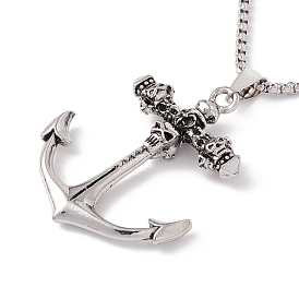 Alloy Skull Anchor Pendant Necklace with 201 Stainless Steel Box Chains, Gothic Jewelry for Men Women