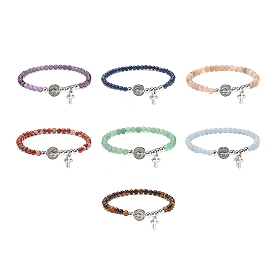 7Pcs 7 Style Natural Mixed Gemstone & Alloy Saint Benedict Medal Beaded Stretch Bracelets Set, 304 Stainless Steel Cross Charms Stackable Bracelets for Women