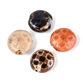 Vintage Handmade Porcelain Beads, Fancy Antique Glazed Porcelain, Flat Round