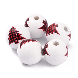 Dyed Natural Wooden Beads, Round with Christmas Pattern