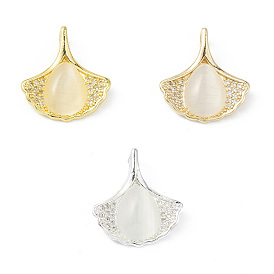 Rack Plating Brass Pave Cubic Zirconia with Cat Eye Pendants, Cadmium Free & Lead Free, Long-Lasting Plated, Ginkgo Leaf with Teardrop Pattern Charm