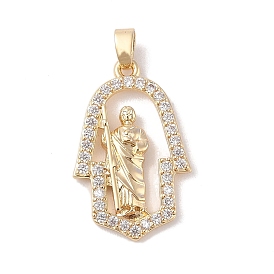 Brass Clear Cubic Zirconia Pendants, Long-Lasting Plated, Bell with God