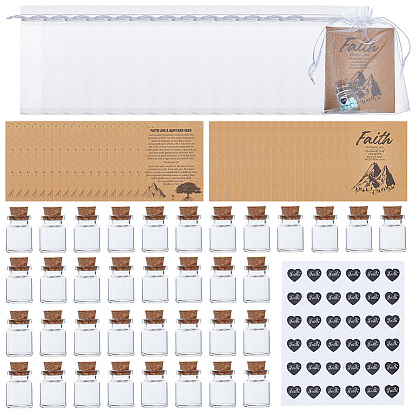 36 Pièces de bouteilles à vœux vides en verre à bouchon de liège, avec des autocollants d'images en feuille de papier 1, 36 des sacs à cordon en organza et 36 des feuilles de cartes en papier
