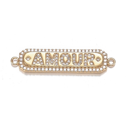 Brass Micro Clear Cubic Zirconia Links, Long-Lasting Plated, Rectangle with Word Amour